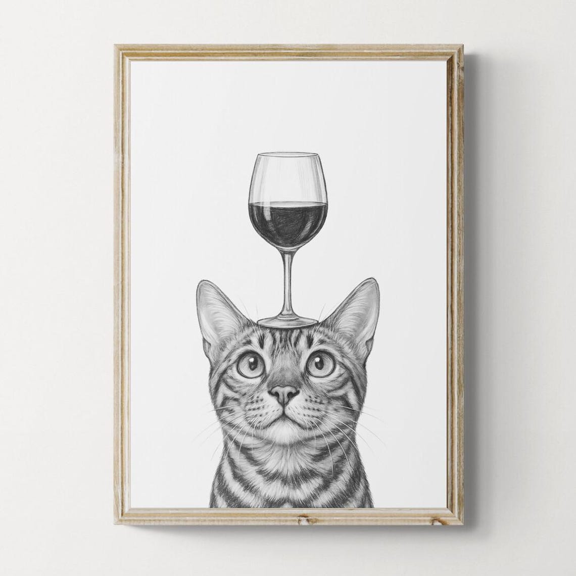 Bengal Cat Balancing Wine Glass Charming Hand Drawn Sketch Poster