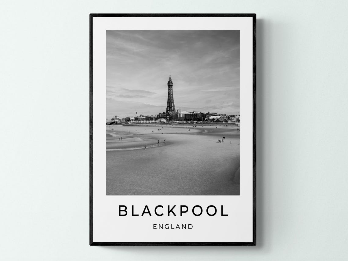 Blackpool England Tower Beach Low Tide Black and White Travel Poster