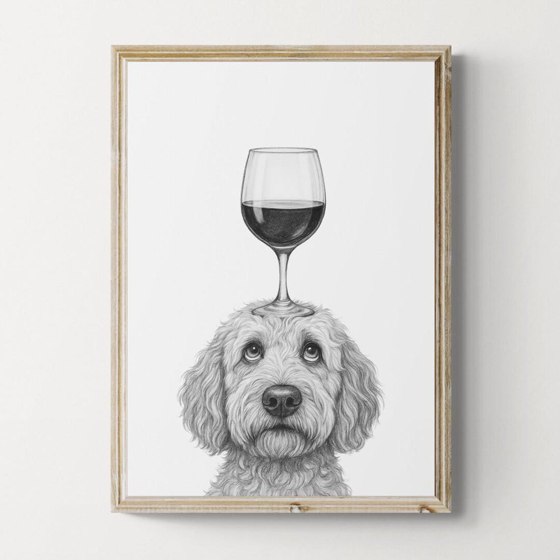 Goldendoodle Balancing Red Wine Glass Cute Dog Sketch Gift Poster