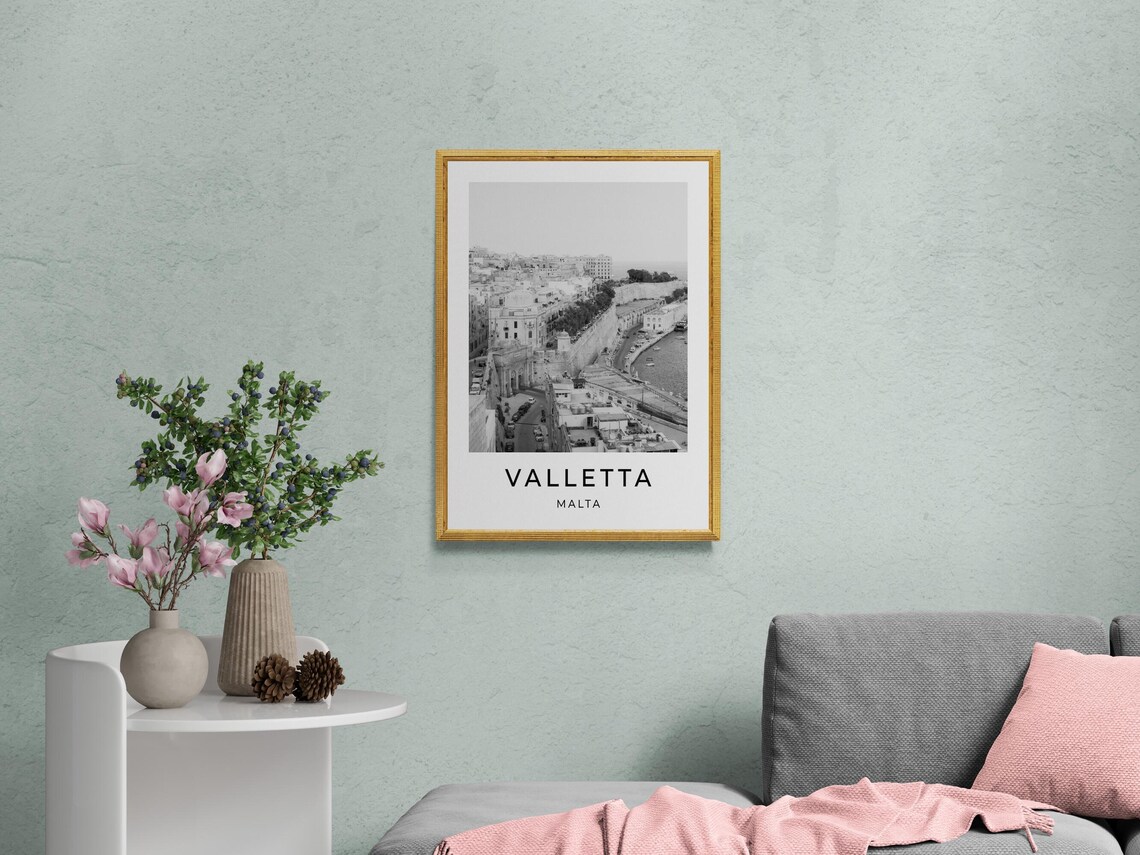 Valletta Malta Grand Harbour Fortress Walls Black White City Poster - Image 2