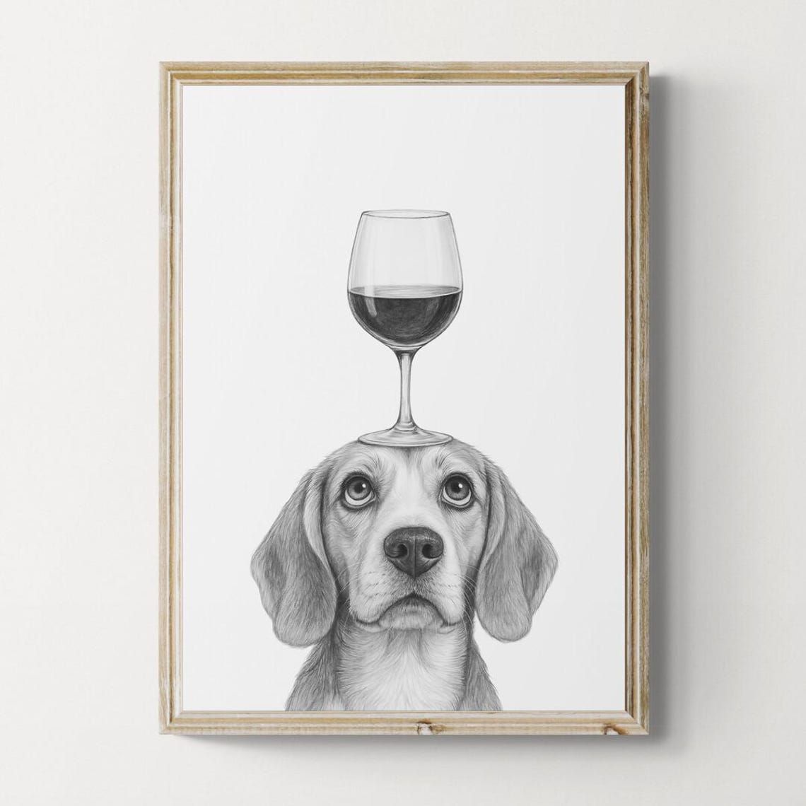 Beagle Dog Balancing Wine Glass Charming Black White Drawing Poster
