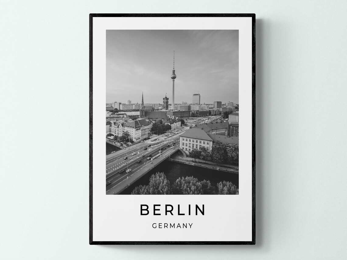 Berlin Germany TV Tower Skyline Aerial Black And White Travel Poster