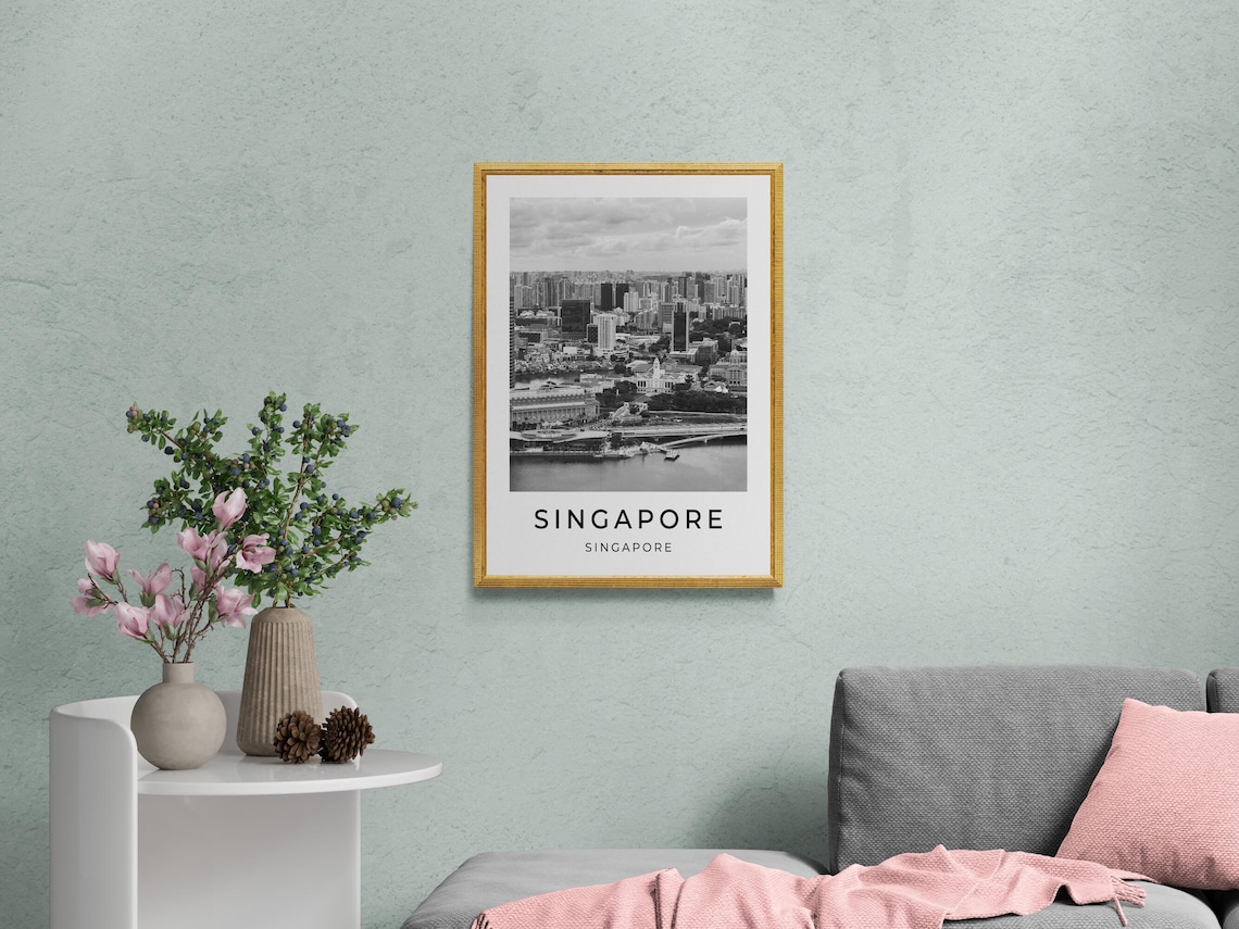 Singapore Skyline Black White Cityscape Waterfront Travel Poster - Image 2