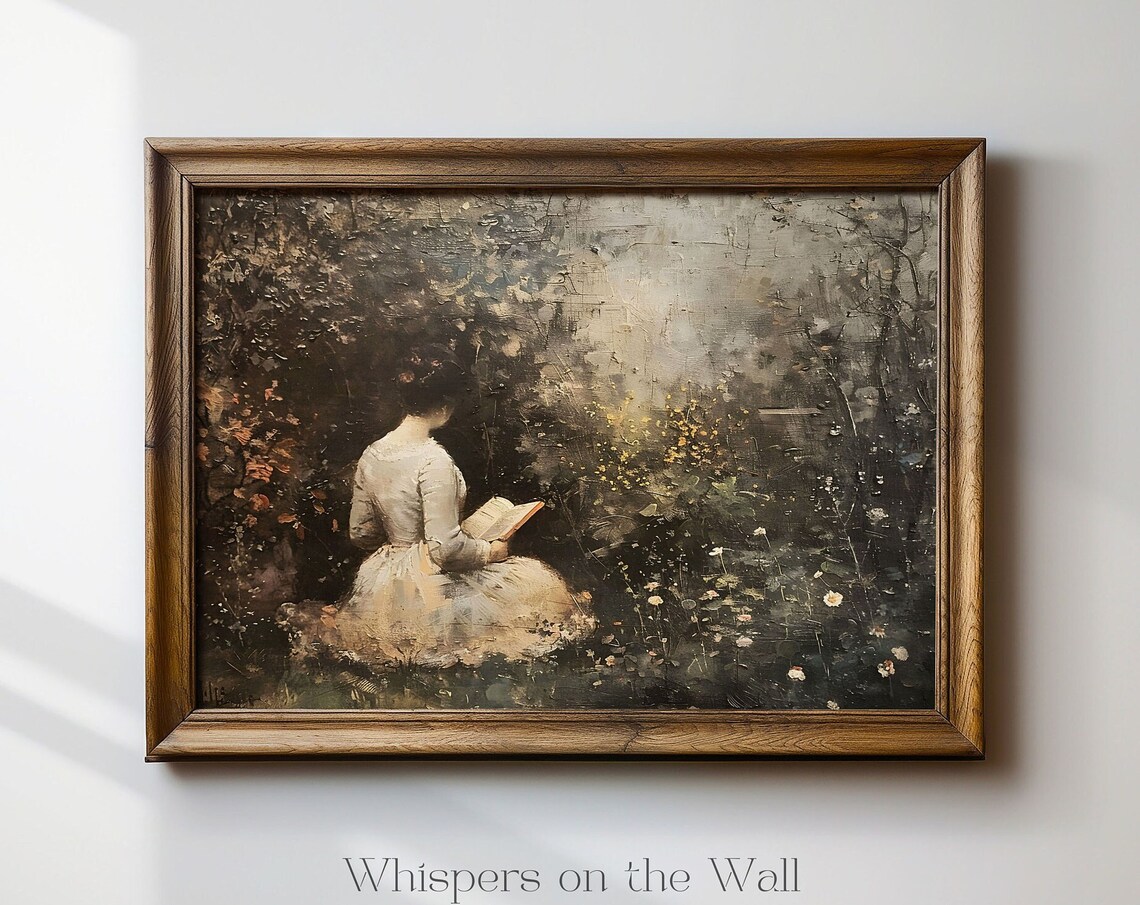 Woman Reading in Wildflower Garden Moody Vintage Painting Poster