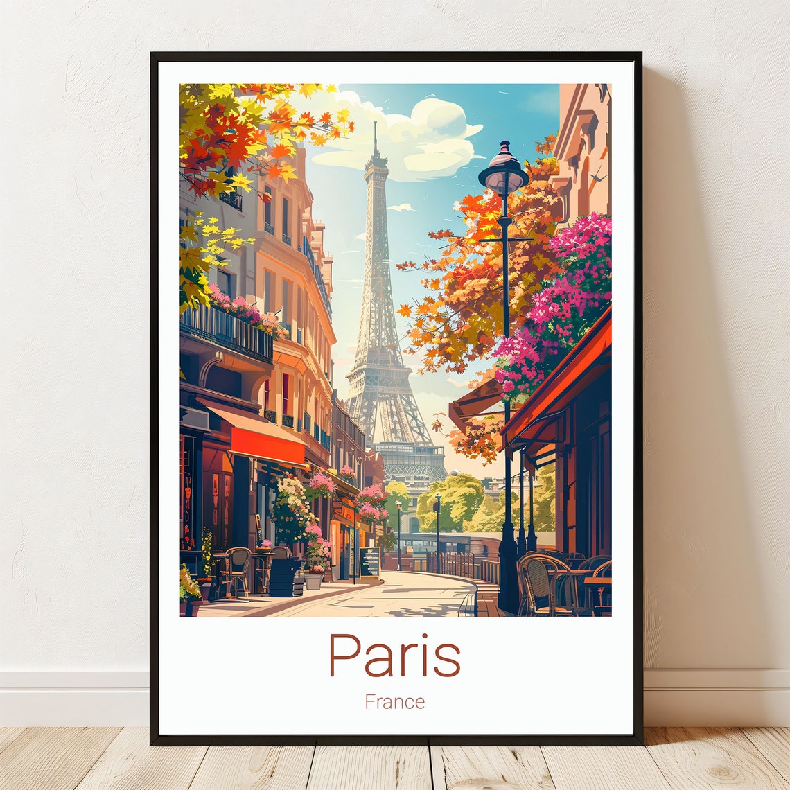 Paris France Eiffel Tower Autumn Street Cafés Charming Travel Poster