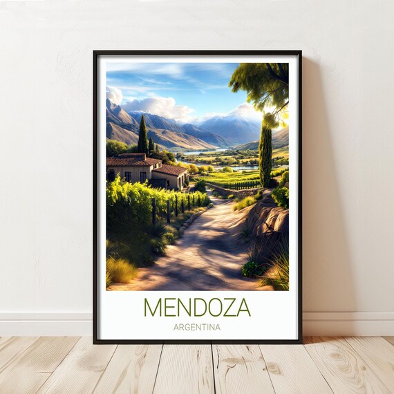 Mendoza Argentina Vineyard Path Daylight Mountain Travel Poster
