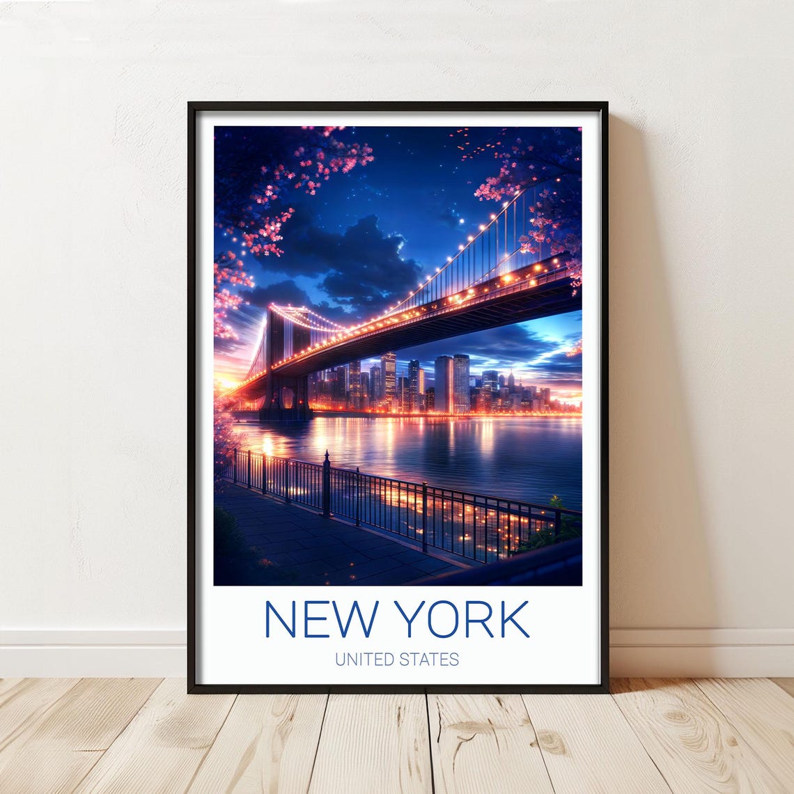 New York City Illuminated Bridge Night Skyline Travel Poster Blossom View