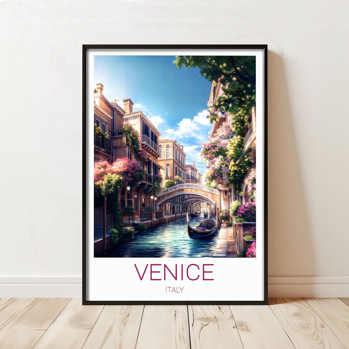 Venice Italy Flower Canal Bridge Gondola Vintage Travel Poster