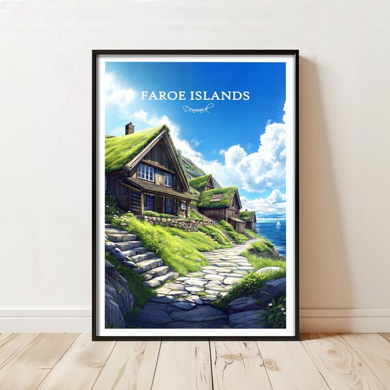 Faroe Islands Denmark Travel Poster Bright Blue Sky Coastal Village