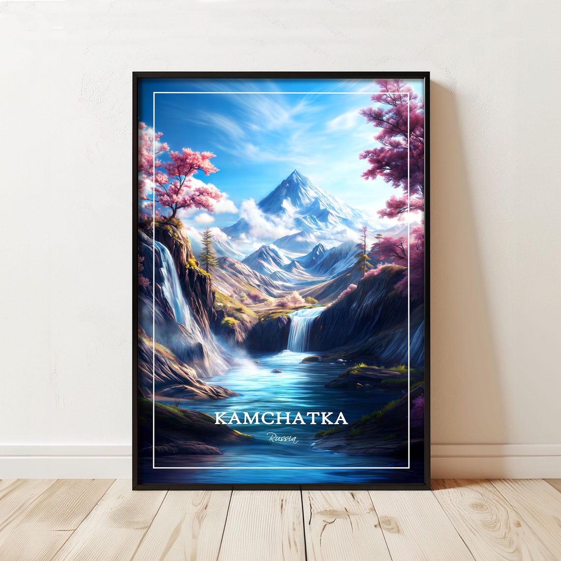 Kamchatka Russia Snowcapped Volcano Waterfall Scenic Travel Poster
