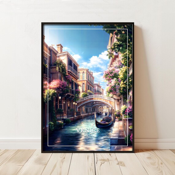 Venice Italy Travel Poster with Floral Canal and Gondola View