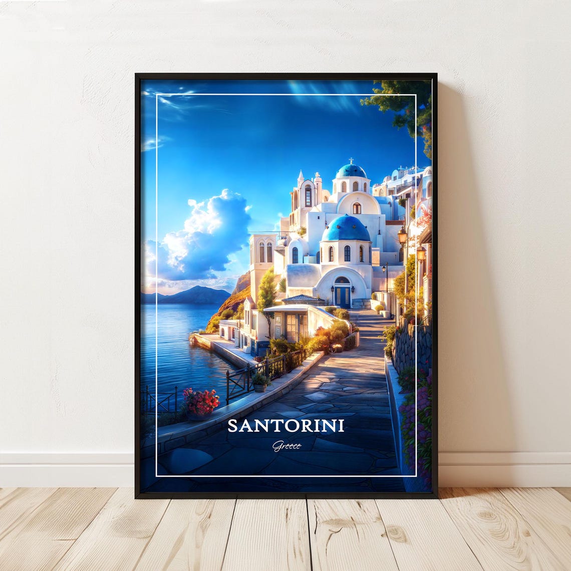 Santorini Greece Blue Domes Seaside Street Aegean Island Travel Poster