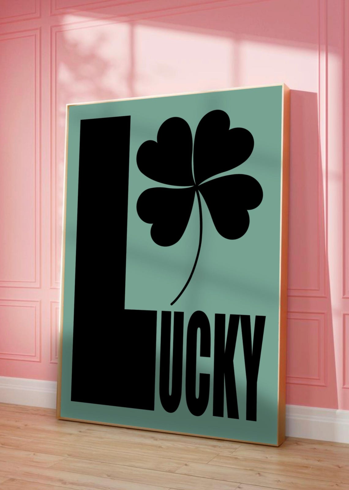 Lucky Bold Black Block Lettering Shamrock Sage Green Typography Poster