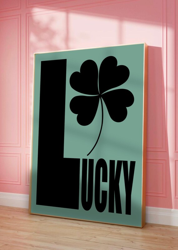 Lucky Bold Black Block Lettering Shamrock Sage Green Typography Poster