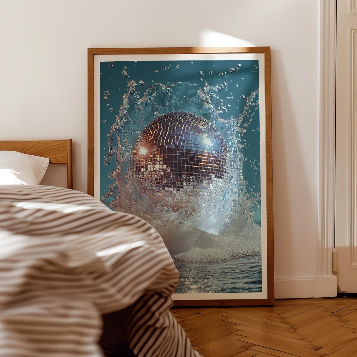 Disco Ball Splashing Into Teal Water Modern Abstract Glam Poster