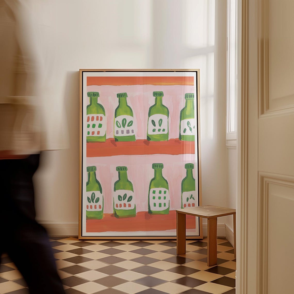 Retro Olive Oil Bottles on Orange Shelves Kitchen Art Poster