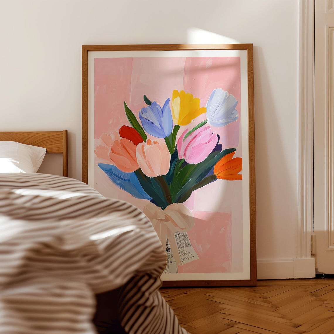 Colorful Tulip Bouquet Wrapped in Newspaper Bow on Pink Print - Image 3