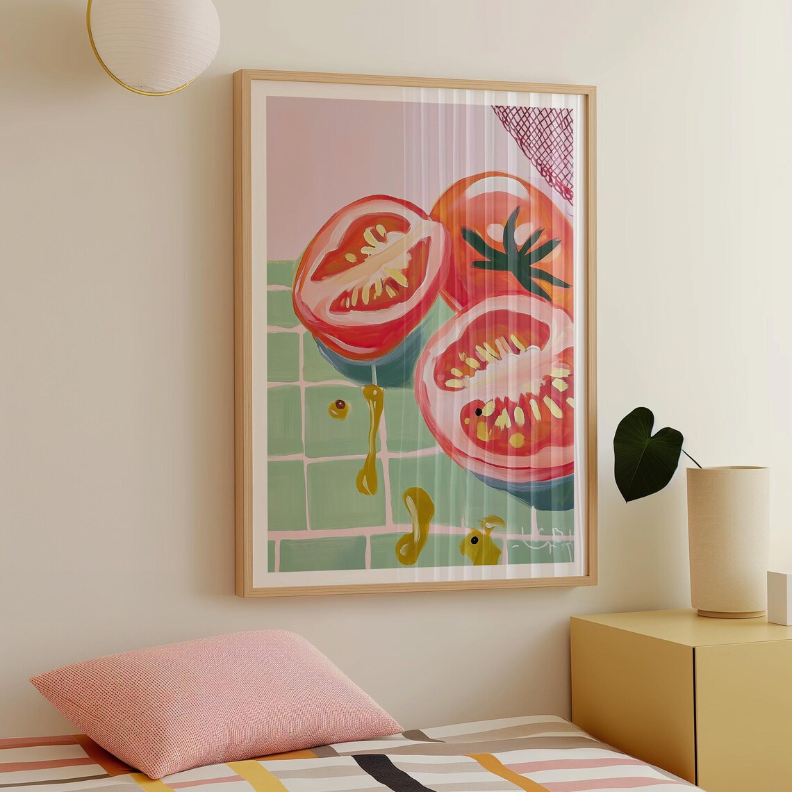 Juicy Tomato Slices Art Print in Bold Red on Green Tile Retro Kitchen Art