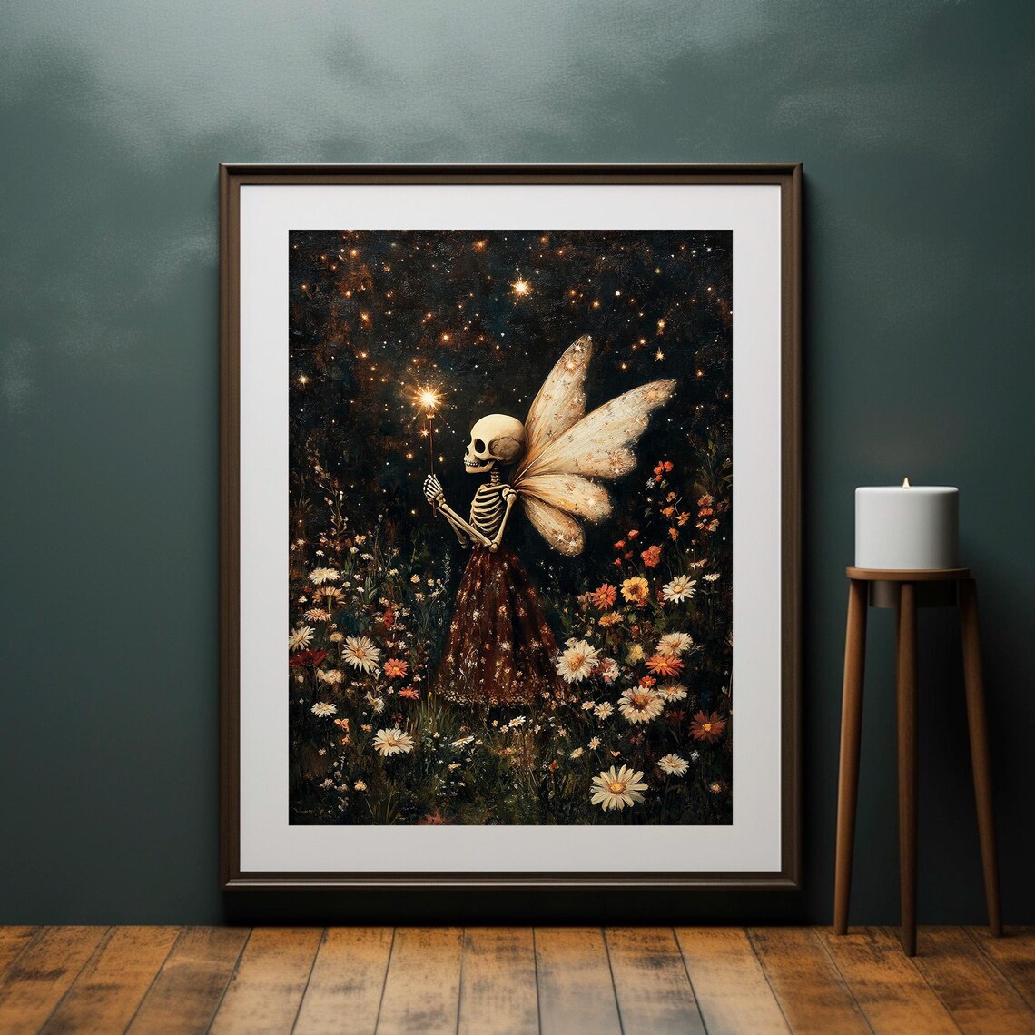 Skeleton Fairy with Wings Starry Night Wildflower Meadow Art Poster - Image 2