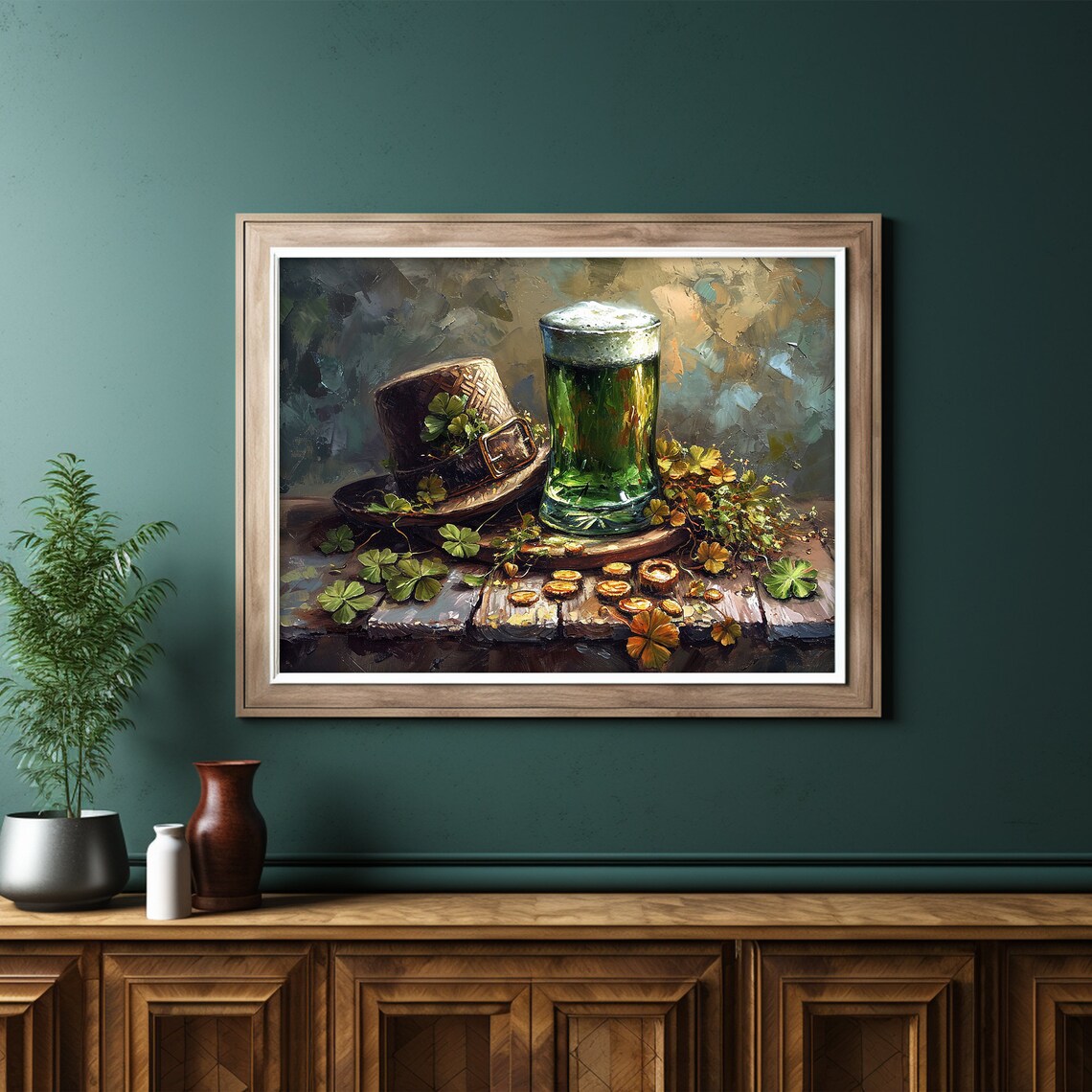 St Patricks Day Green Beer Leprechaun Hat Gold Coins Still Life Poster - Image 6
