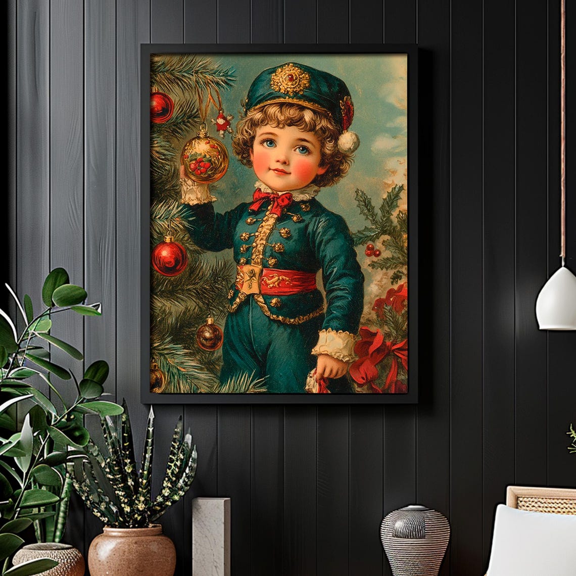 Vintage Christmas Boy Decorating Tree Antique Style Painting Poster - Image 2