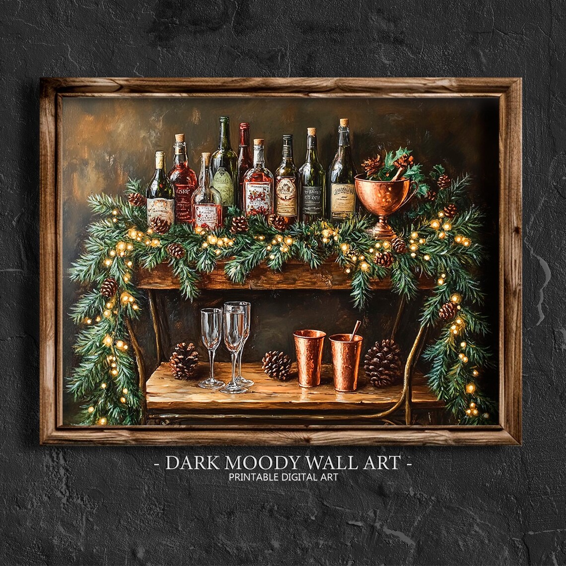 Festive Christmas Bar Cart With Wine Bottles and Copper Mugs Wall Art
