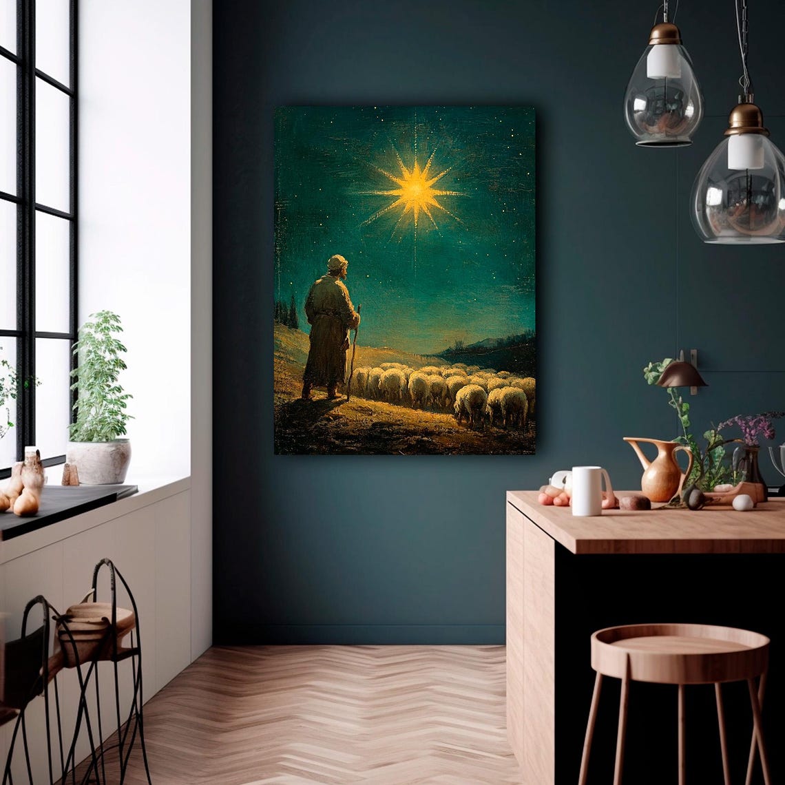 Shepherd And Flock Under Bright Christmas Star Night Sky Wall Art - Image 4