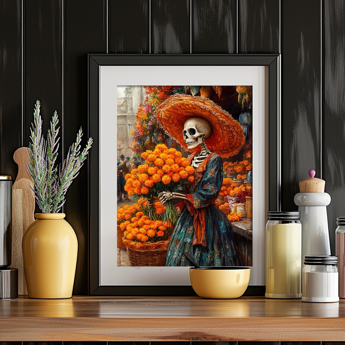 Day of the Dead Catrina Marigold Bouquet Flower Market Sugar Skull Portrait Poster - Image 4