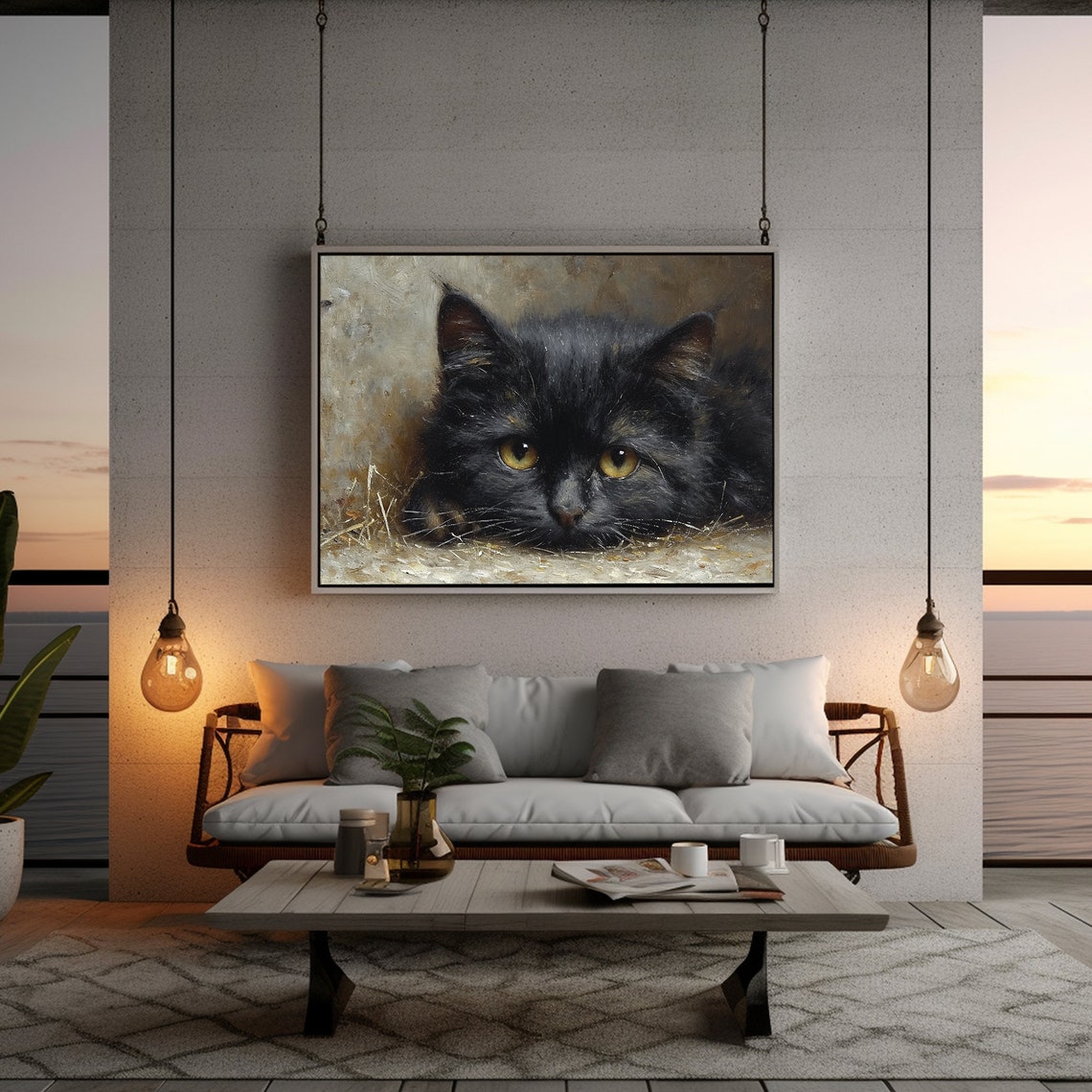 Black Cat With Golden Eyes Close Up Moody Rustic Dark Painting Poster - Image 2