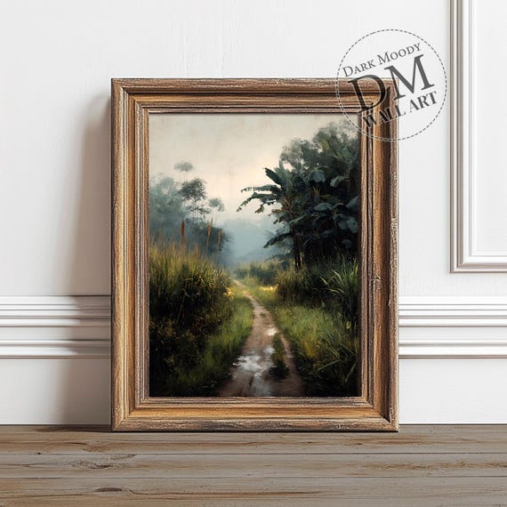 Foggy Jungle Path Art Print, Tropical Moody Landscape