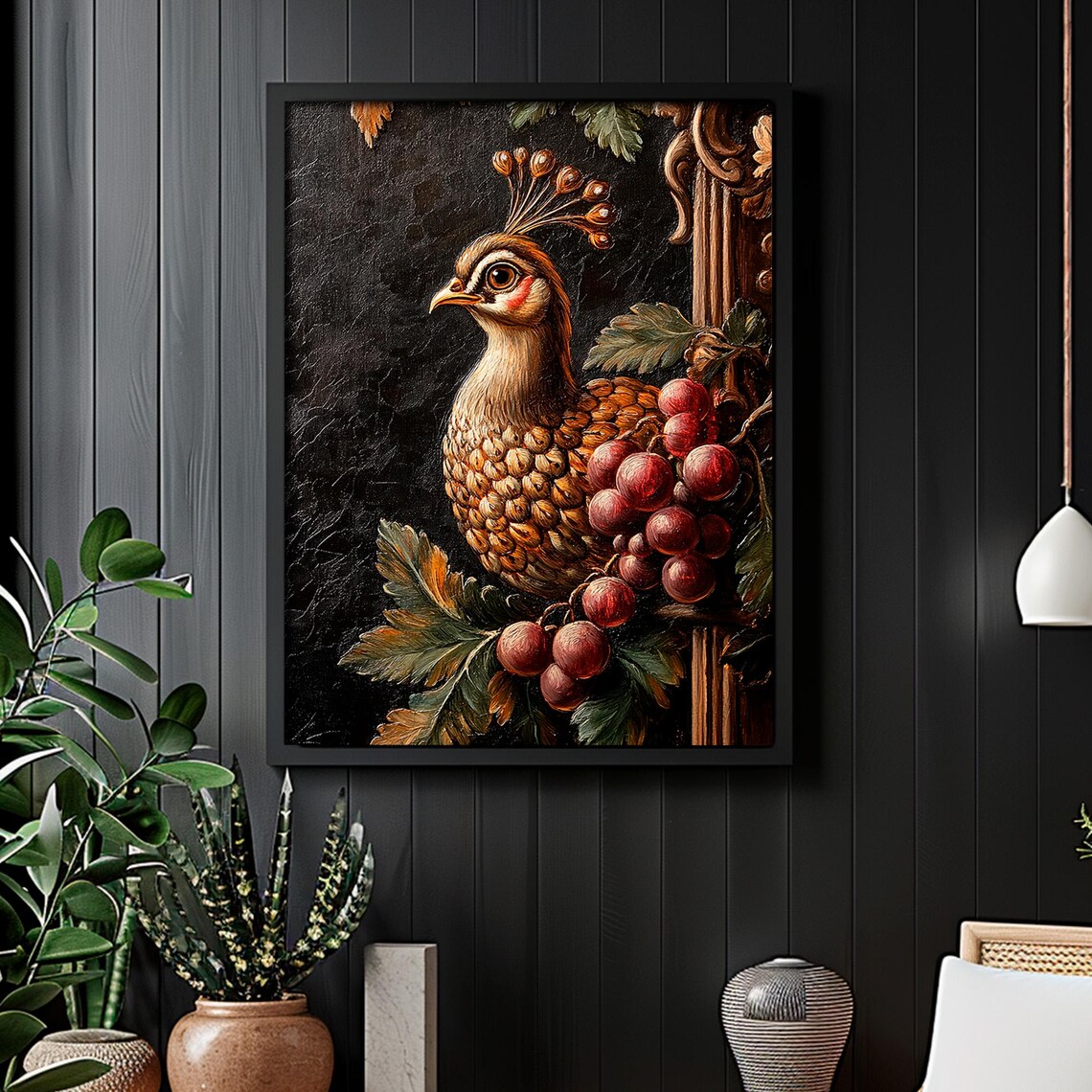 Vintage Peacock Autumn Grapes Dark Ornamental Bird Portrait Poster - Image 5