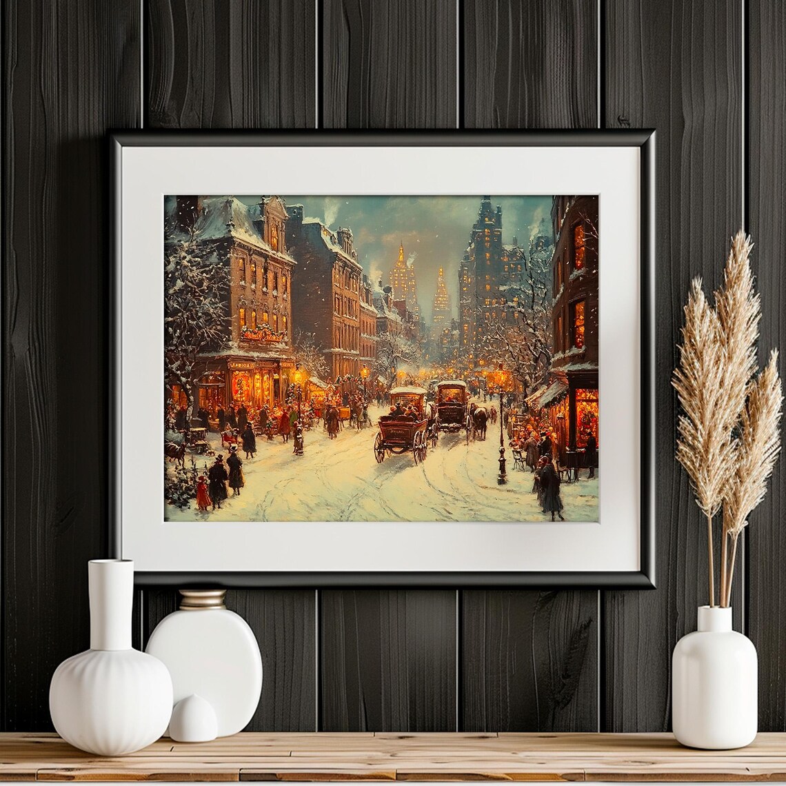 Victorian Shopping Street Carriages Snowy Dusk City Lane Poster - Image 2