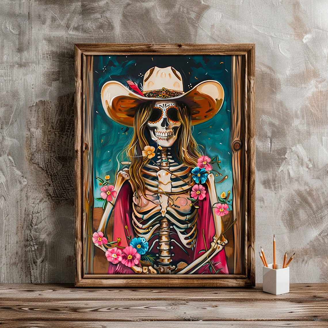 Skeleton Cowgirl Catrina Pink Poncho Flowers Teal Night Art Print - Image 4