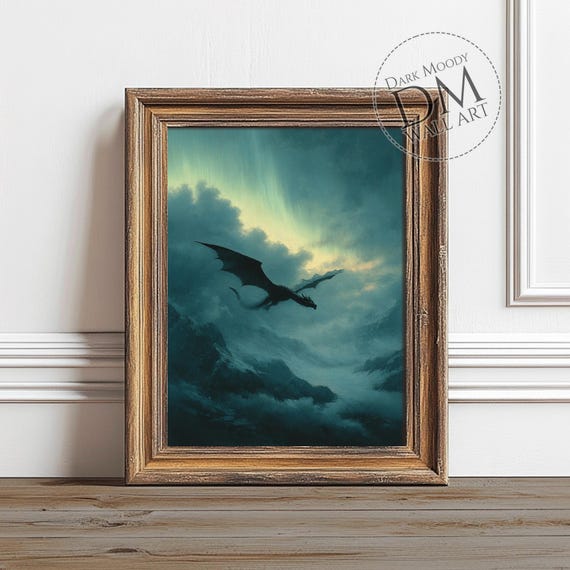Dragon In Stormy Sky Dark Fantasy Gothic Art Print