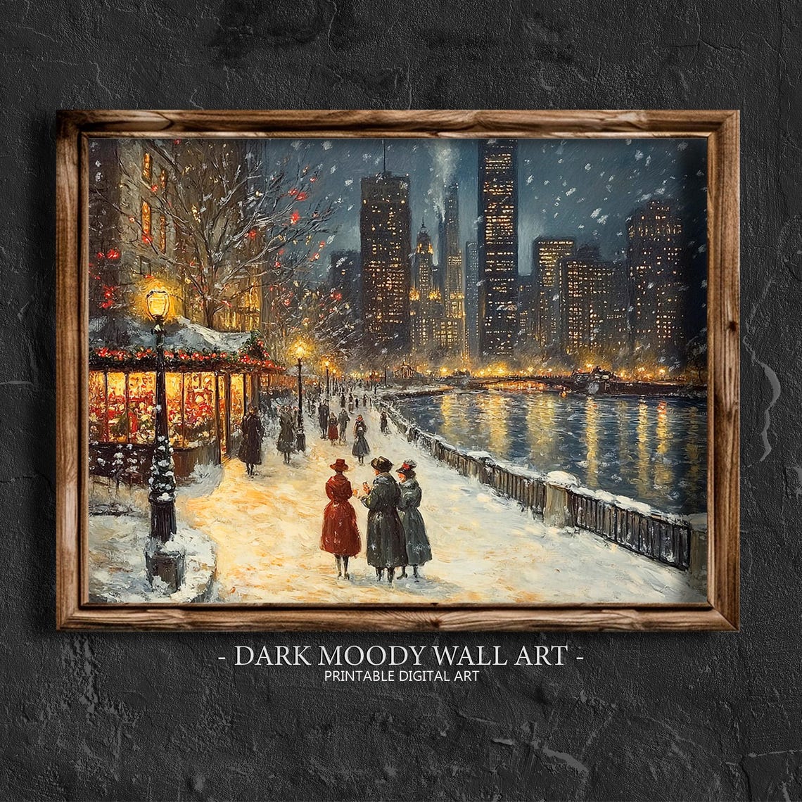 Victorian Riverfront Winter Night Shops Glowing Snow Walk Poster