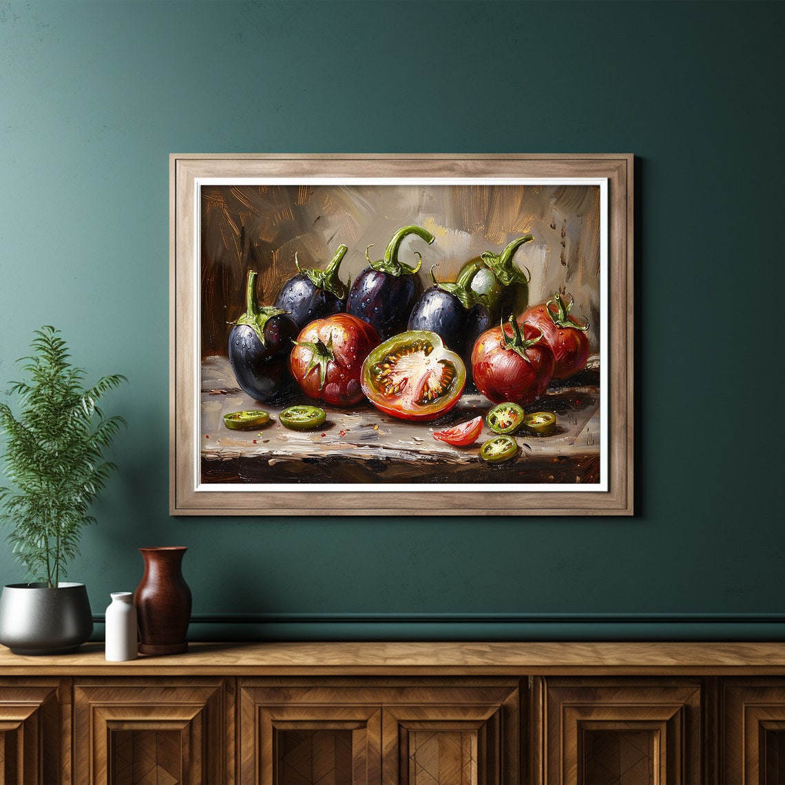 Tomato Eggplant Kitchen Still Life Rustic Vegetable Painting Poster - Image 6