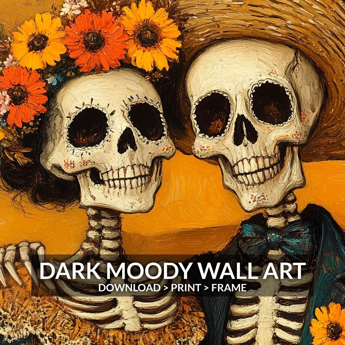 Day of the Dead Skeleton Couple Catrina Love Golden Sugar Skull Portrait Poster - Image 2