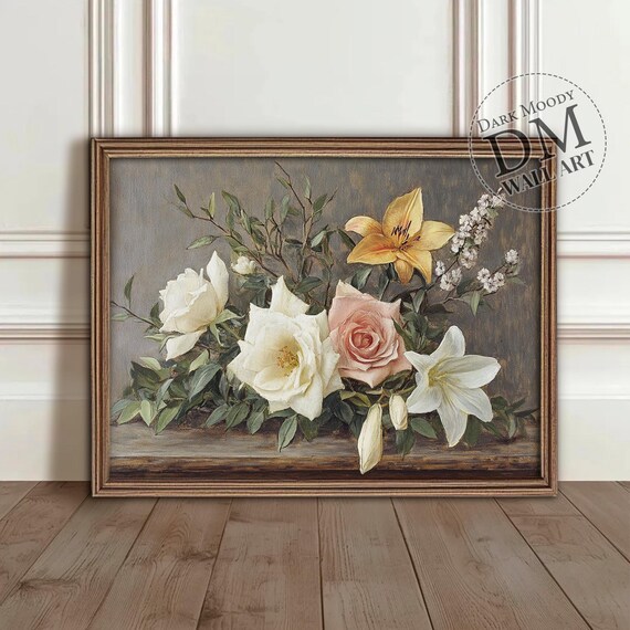 White and Pink Roses Vintage Lily Bouquet Dark Romantic Floral Print