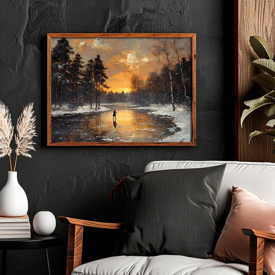 Winter Sunset Frozen River Lone Skater Landscape Painting Poster - Image 5