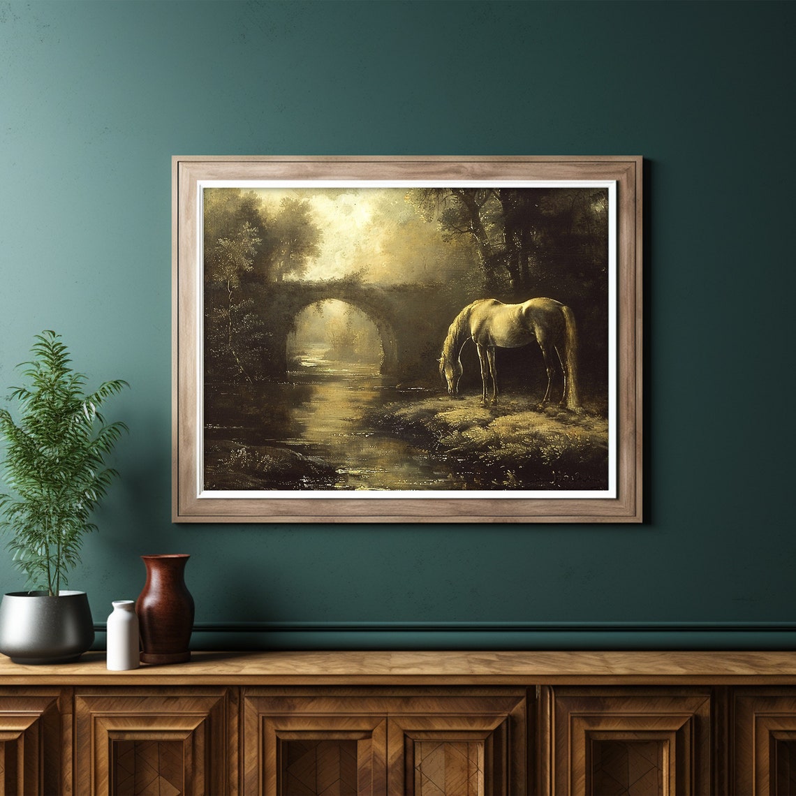 White Horse Drinking Stream Stone Bridge Moody Forest Poster - Image 6