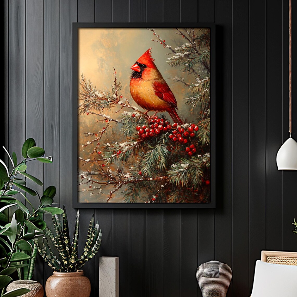 Vintage Rustic Cardinal Winter Bird Art Print - Image 4