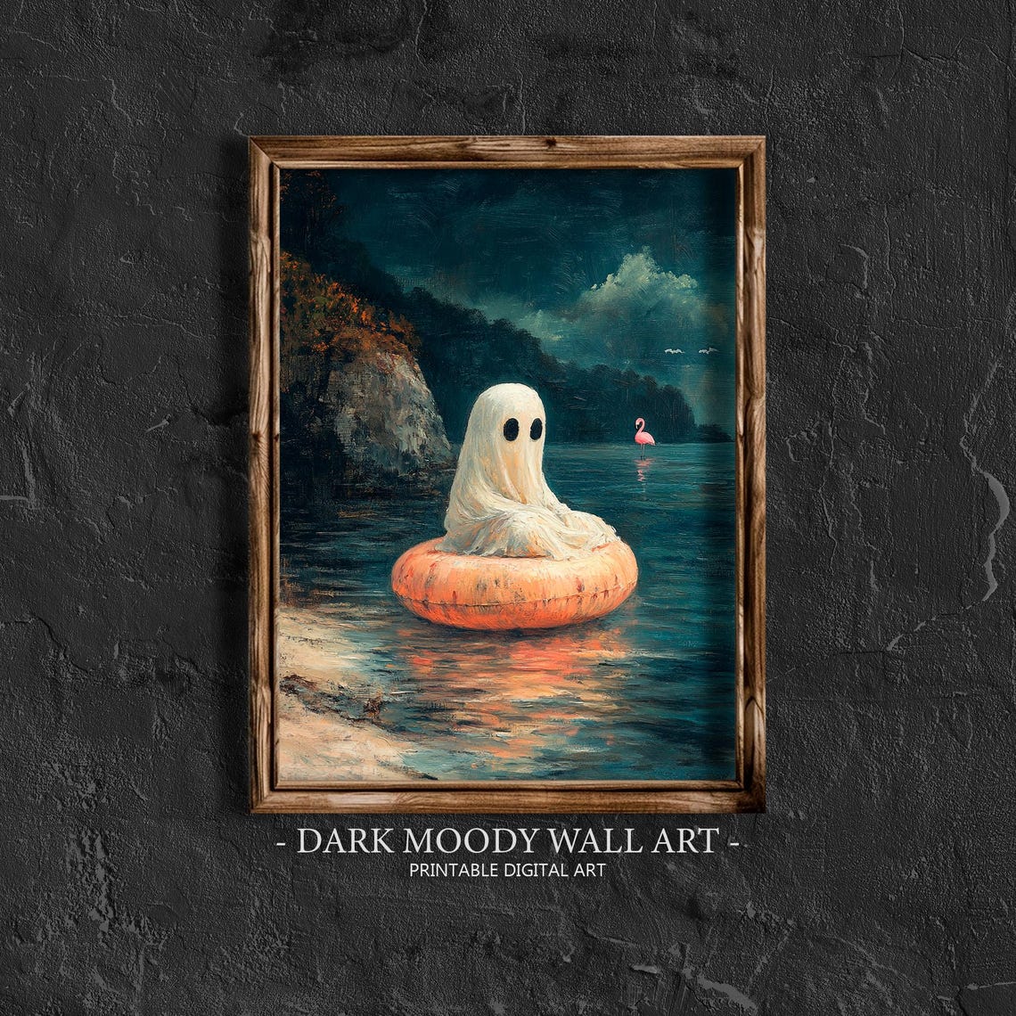 Lonely Ghost Swim Ring Dark Moody Night Ocean Halloween Wall Art