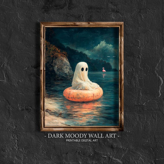 Ghost On Pool Float Halloween Wall Art Funny Bathroom Print Moody Ghosties Beach Wall Art Dark Flamingo Beach Painting