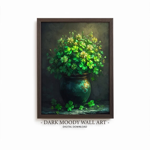 Green Shamrock Bouquet Dark Moody Botanical Still Life Wall Art