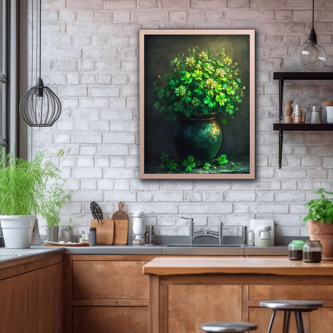 Green Shamrock Bouquet Dark Moody Botanical Still Life Wall Art - Image 4