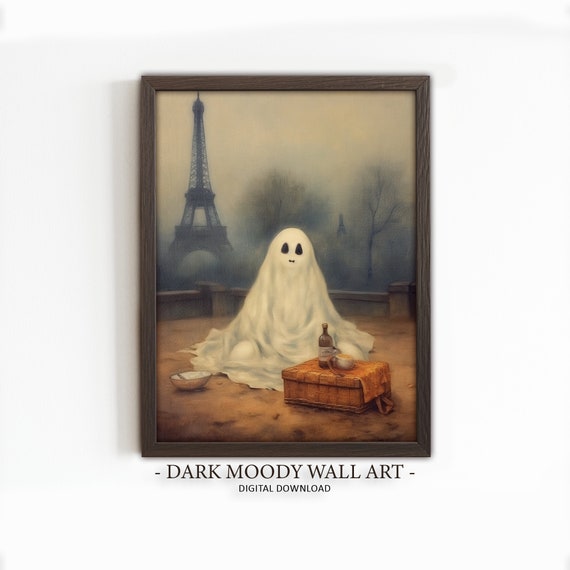 Cute Ghost Print Moody Haunted Halloween Art Gothic Ghost In Paris Painting Decor