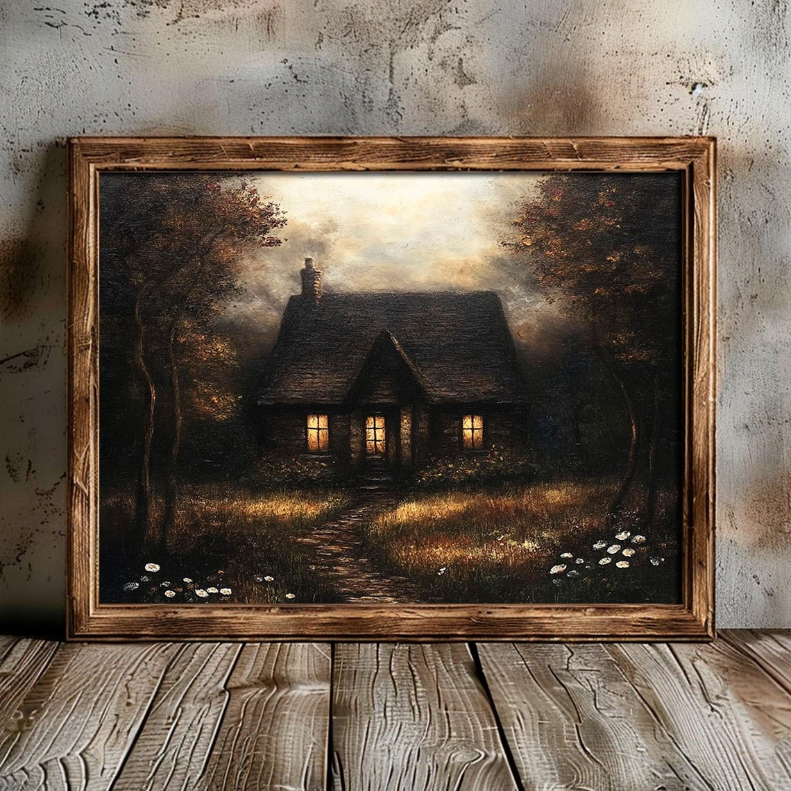 Haunted Dark Cottage Glowing Windows Autumn Night Moody Art Poster - Image 2