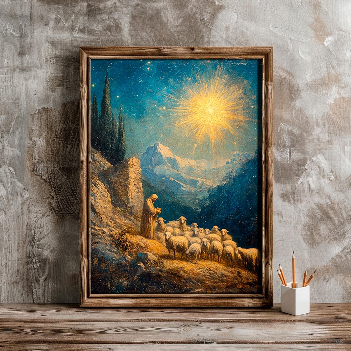 Shepherd With Sheep Under Blazing Star Rocky Hillside Night Wall Art - Image 5
