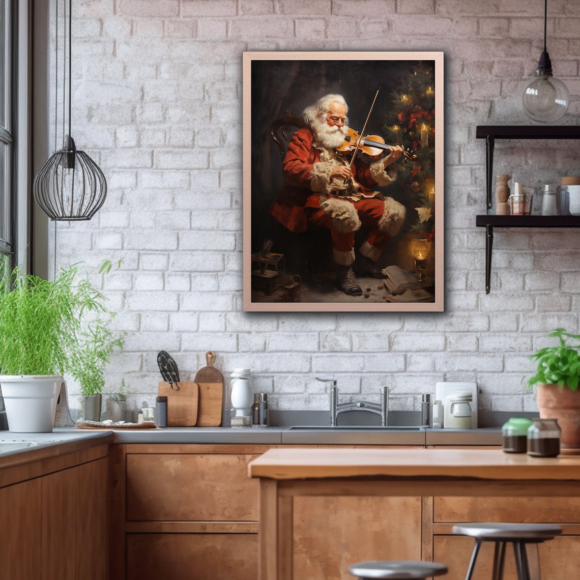 Santa Claus Playing Violin Christmas Candlelight Painting Poster - Image 2