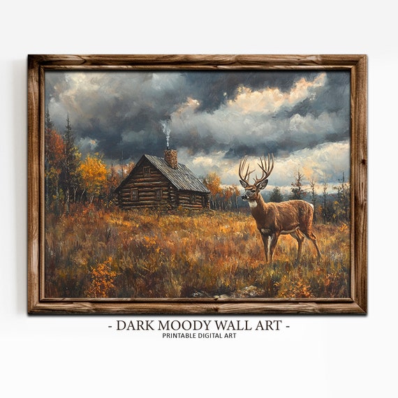 Rustic Deer Print Moody Landscape Painting Dark Cottagecore Print Vintage Farmhouse Wall Decor Fall Deer Painting